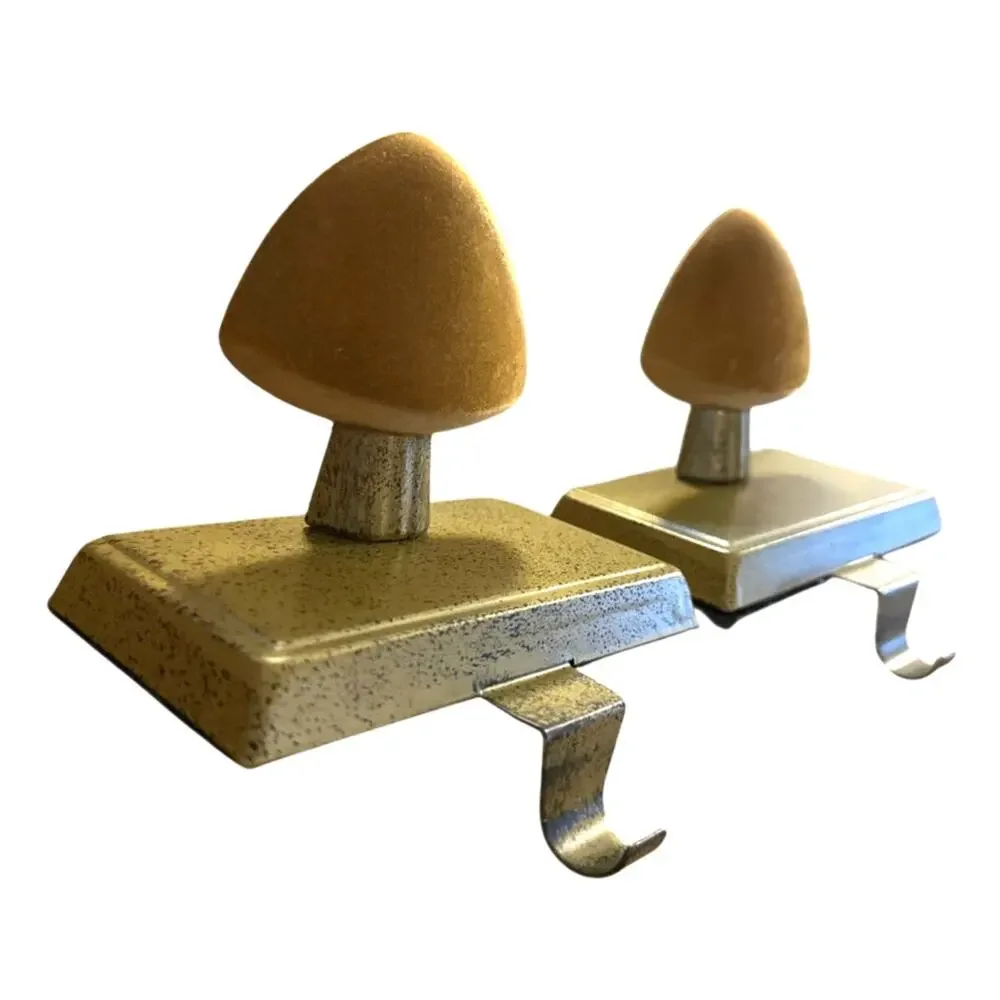 Vintage Set 2 Mushroom Metal Hook Hanger Fireplace Mantel Stocking Holder Velvet